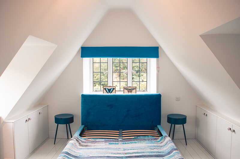 Eaves bedroom - cabinetry was refurbished by our joinery company. The carpets were taken up in this room and  the floor boards were repaired, painted and sealed.